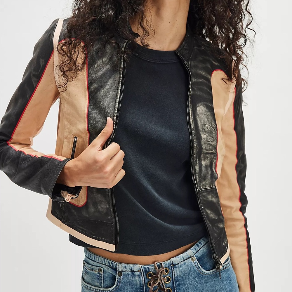 NWT Diesel L’Oonie Leather Jacket in Black and Tan / Beige